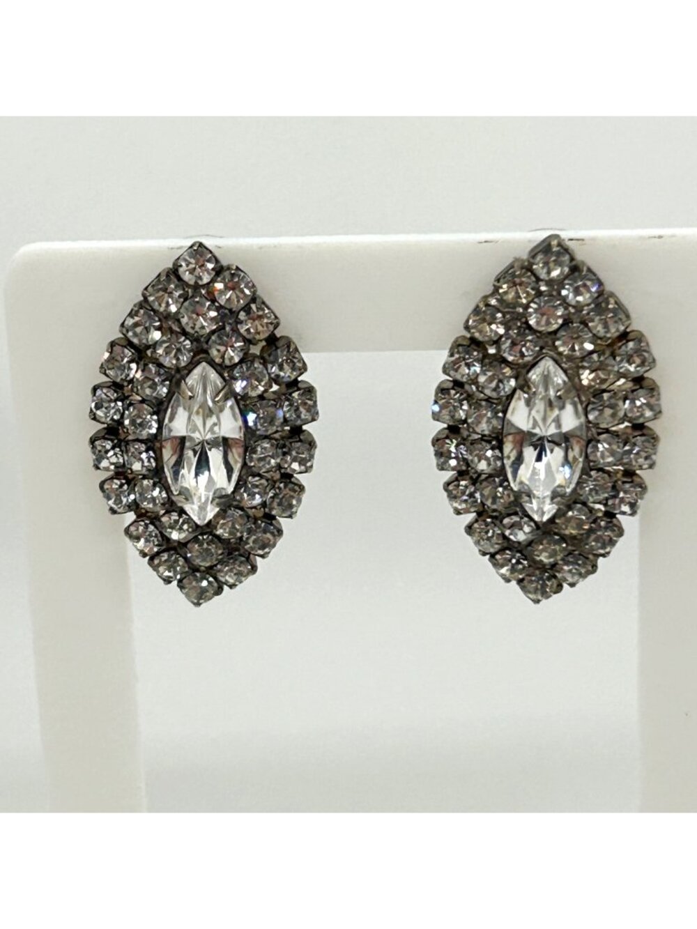 Vintage Rhinestone Marquise Earrings Post Stud Silver Tone Statement Wedding